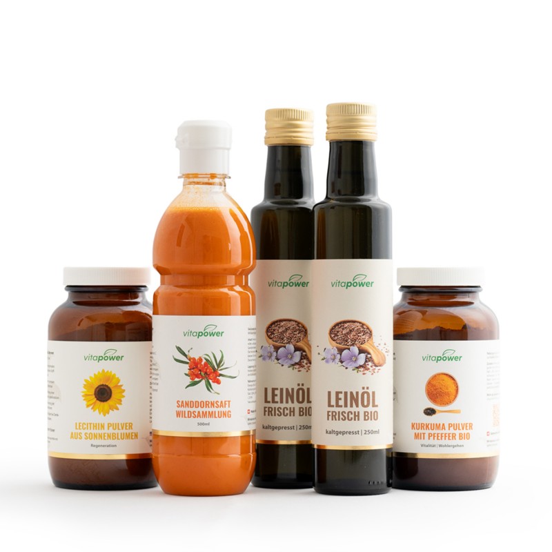 Sparpaket Kurkuma, Lein&ouml;l, Lecithin, Sanddornsaft
